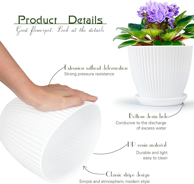 Plant Pots Indoor with Saucers & Drainage - 6 Pack Flower Pots - Plastic Planters for Indoor Planter - 7.5/6.6/5.8/5.0/4.3/3.5 inches Sizes for All Different Types of Plants - White