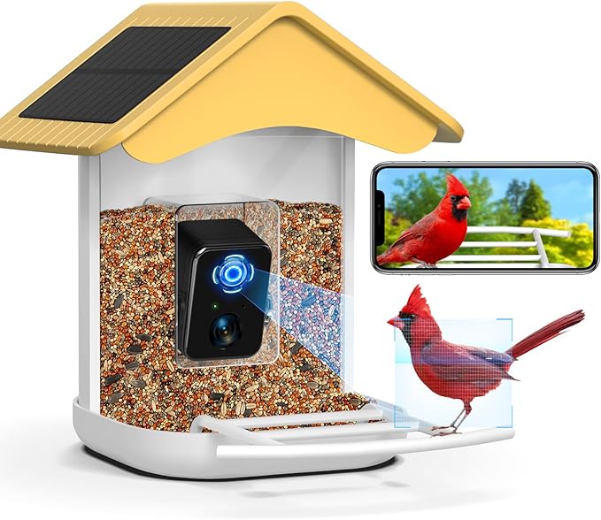 Smart Bird Feeder Camera, Free AI Forever, 1080P HD Camera Auto Capture Bird Videos & 2 Pcs Solar Panel, App Notify When Birds Detected, 32G High-Speed TF Card (Yellow)
