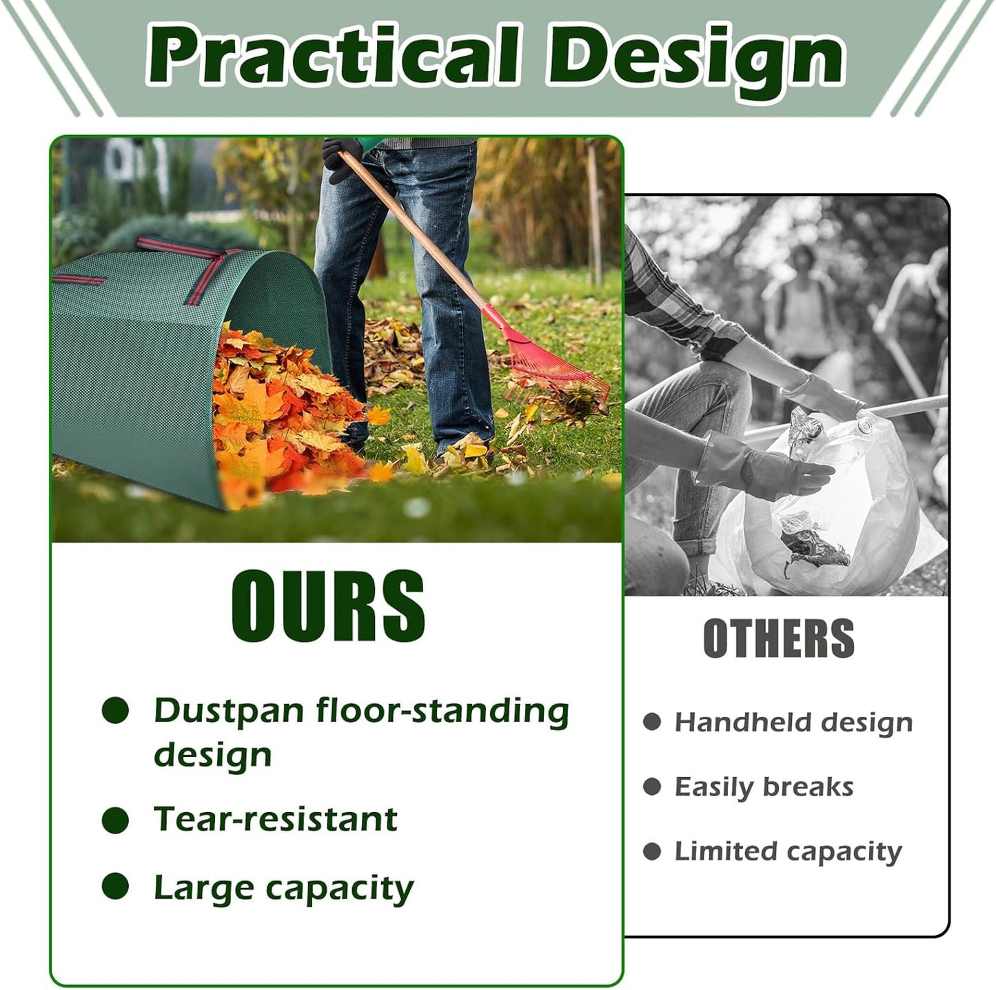 2 Pack 53 Gallons Leaf Bags, Reusable Yard Waste Bags Large Capacity Semi-Circular Dustpan-Type Lawn Bags for Collecting Leaves Sturdy & Waterproof Yard with A Pair of Gloves