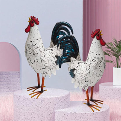Metal Rooster Decor， Chicken Animal Yard Art Lawn Ornament Figurines Artwork for Outdoor, Patio,Backyard and Home Kitchen Decoration (White)
