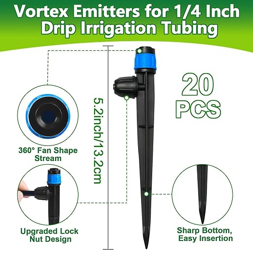 20 Pieces Drip Irrigation Emitters, Adjustable 360 Degree Drip Vortex Emitters on 5" with Stake for 1/4" Drip Irrigation Tubing Irrigation Fan Shape Drippers for Garden Watering System