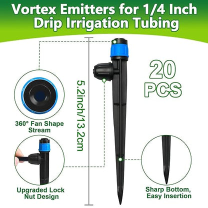 20 Pieces Drip Irrigation Emitters, Adjustable 360 Degree Drip Vortex Emitters on 5" with Stake for 1/4" Drip Irrigation Tubing Irrigation Fan Shape Drippers for Garden Watering System