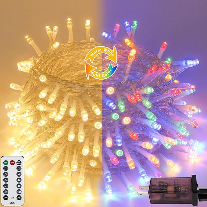 Warm White to Multicolor Color Changing 200 LED 66FT Connectable Christmas String Lights for Outdoor Indoor, 11 Modes Christmas Tree Clear Wire Fairy Waterproof Lights with Memory & Remote & Timer