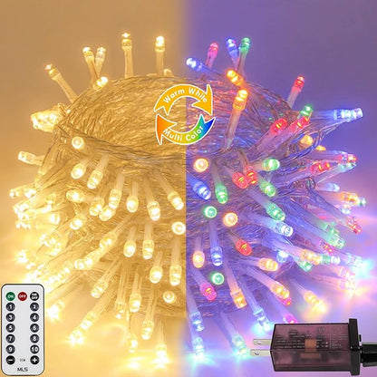 Warm White to Multicolor Color Changing 200 LED 66FT Connectable Christmas String Lights for Outdoor Indoor, 11 Modes Christmas Tree Clear Wire Fairy Waterproof Lights with Memory & Remote & Timer