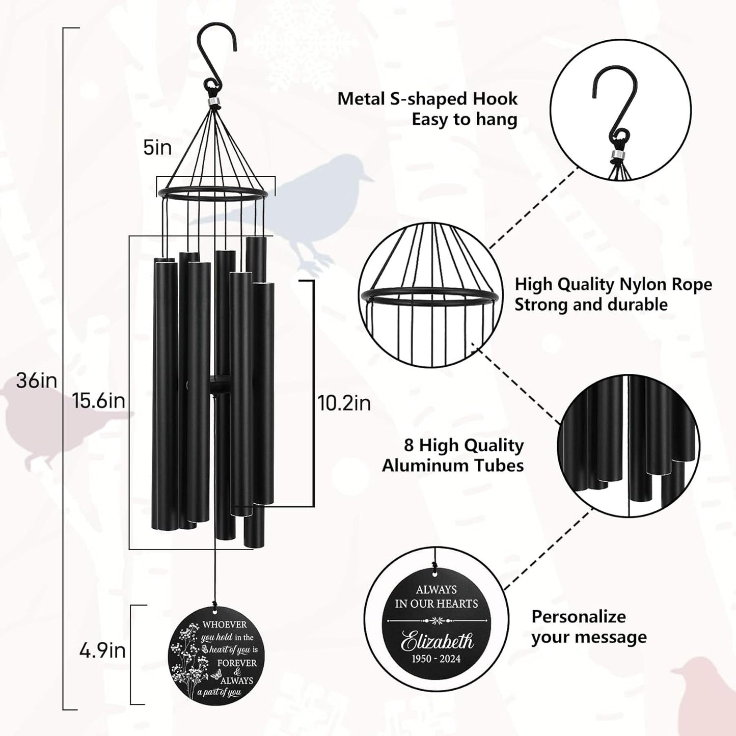 Personalized 36" Memorial Wind Chimes for Outside, Sympathy and Bereavement Gift for Loss of Loved One, A Thoughtful Remembrance of Mother, Father or Husband for Garden and Patio