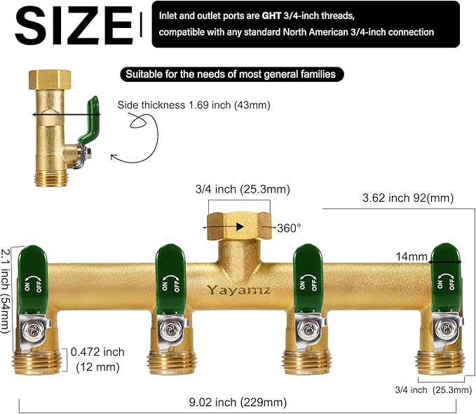 Garden Hose Splitter, 3/4” Rust and Freeze Resistant Outdoor Hose Manifold with 4 green Extra Long Handles Faucet Adapter-Heavy Duty Brass 4-Way Valve