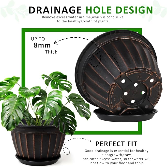 FGstyle 4 Pack 16 inch Plant Pots, Retro Vertical Stripe Planters with Drainage Holes and Saucer, Sturdy Plastic Garden Flower Pots for Indoor & Outdoor Plants(Black)