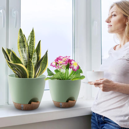 Self-Watering Plant Pots with Water Level Indicator, Drainage Holes & Saucers – 12/10/9 Inch Large Plastic Planter Set for Indoor & Outdoor Plants (Green)