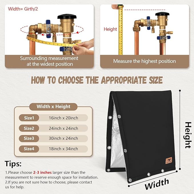 Backflow Preventer Insulation Cover - 2 Way Opening Pipe Insulation Cover for Irrigation Valve, Sprinkler Cover for Outside - Winter Freeze Protection Backflow Cover - 18" W x 34" H, Black