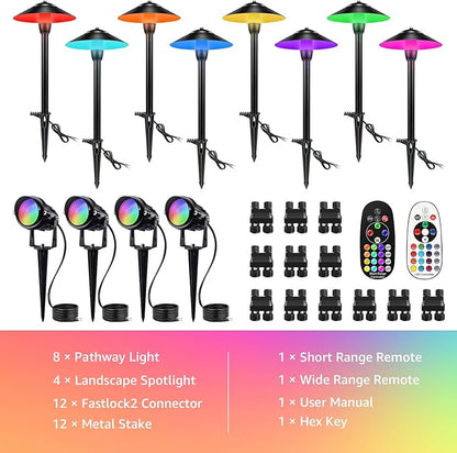 SUNVIE RGBW Landscape Lighting Kit 12V Low Voltage Landscape Lighting with Connectors, Color Changing Low Voltage Pathway Lights Wired with Spotlights Waterproof for Holiday Patio Garden Yard,12 Pack