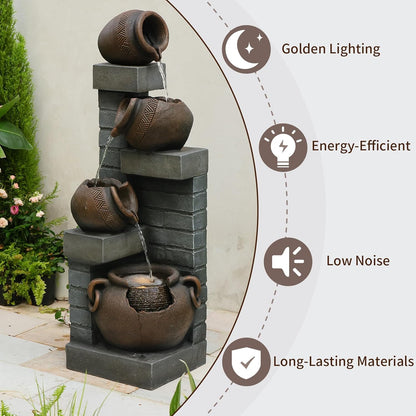 Water Fountain Outdoor 4-Tiers Cascading Realistic Bowls Waterfall Clay Pot Design Outdoor Fountain Resin Imitation Wood with LED Lights for Garden, Patio, Porch 42" H