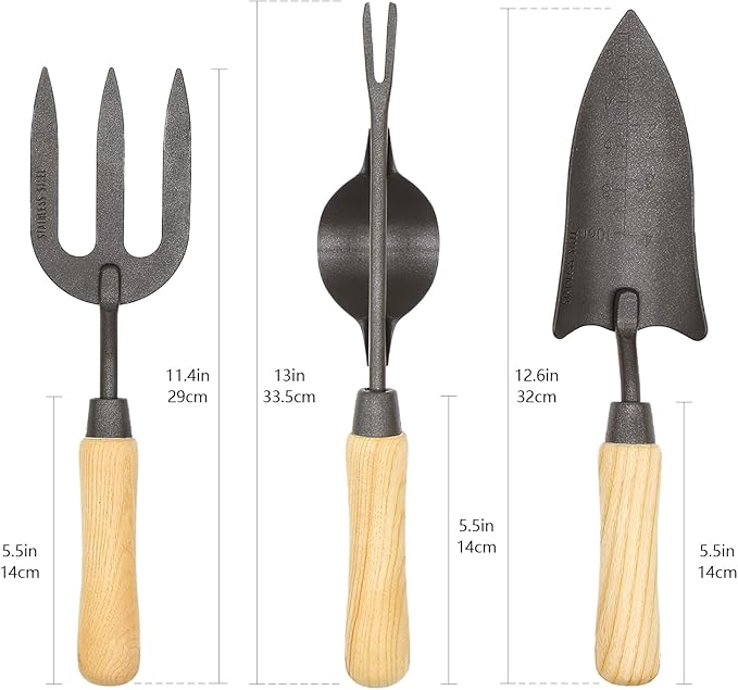 Japanese Gardening Tools Set, 6 Pcs Garden Tools Set, Black Painted Stainless Steel Heavy Duty Gardening Tools Kit, Hand Trowel, Dibble, Hand Rake, Weeder, Transplanter and Hand Folk…