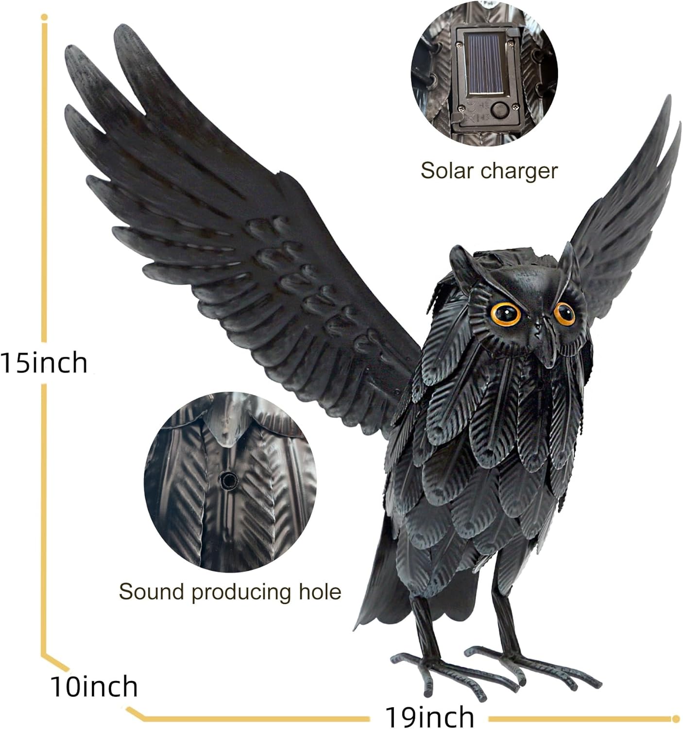 Natelf Solar Owl Decoy Sculptures & Statues Halloween Decoration, Standing Metal Bird Deterrent to Scare Birds Squirrels Away for Outdoor Garden Yard Patio, Black