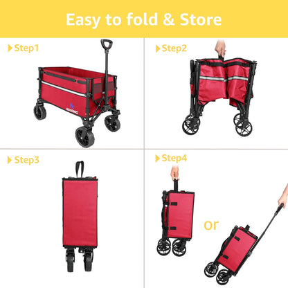 Collapsible Wagon Cart with Wheels Foldable - Folding Utility Heavy Duty Wagons Carts for Grocery Sports Garden Shopping Camping Wheelbarrows, Burgundy