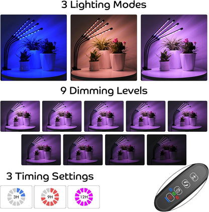 Shyineyou Grow Lights for Indoor Plants Full Spectrum, 80 LEDs Plant Lights for Indoor Growing with 3/9/12H Timer, 3 Color Modes & 9 Brightness, 4 Heads Clip-On Plant Grow Light