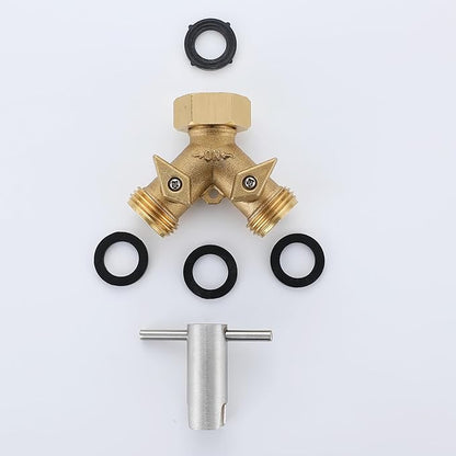 Bropury Hose Splitter 2 Way Heavy Duty with Thickened and optimized, Brass Hose Splitter 2 Way 3/4", Hose Spigot Adapter 2 Valves with 3 Extra Rubber Washers and on/off Wrench(2 way)