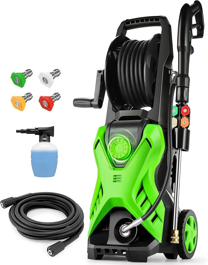 5000 PSI 2.8 GPM Pressure Cleaner High Power Cleaner Adjustable Pressure 2500PSI-5000PSI with 33FT Extension Hose Reel, 4 Nozzles and Soap Bottle for Cars/Fences/Driveways (Green, Hose Reel)
