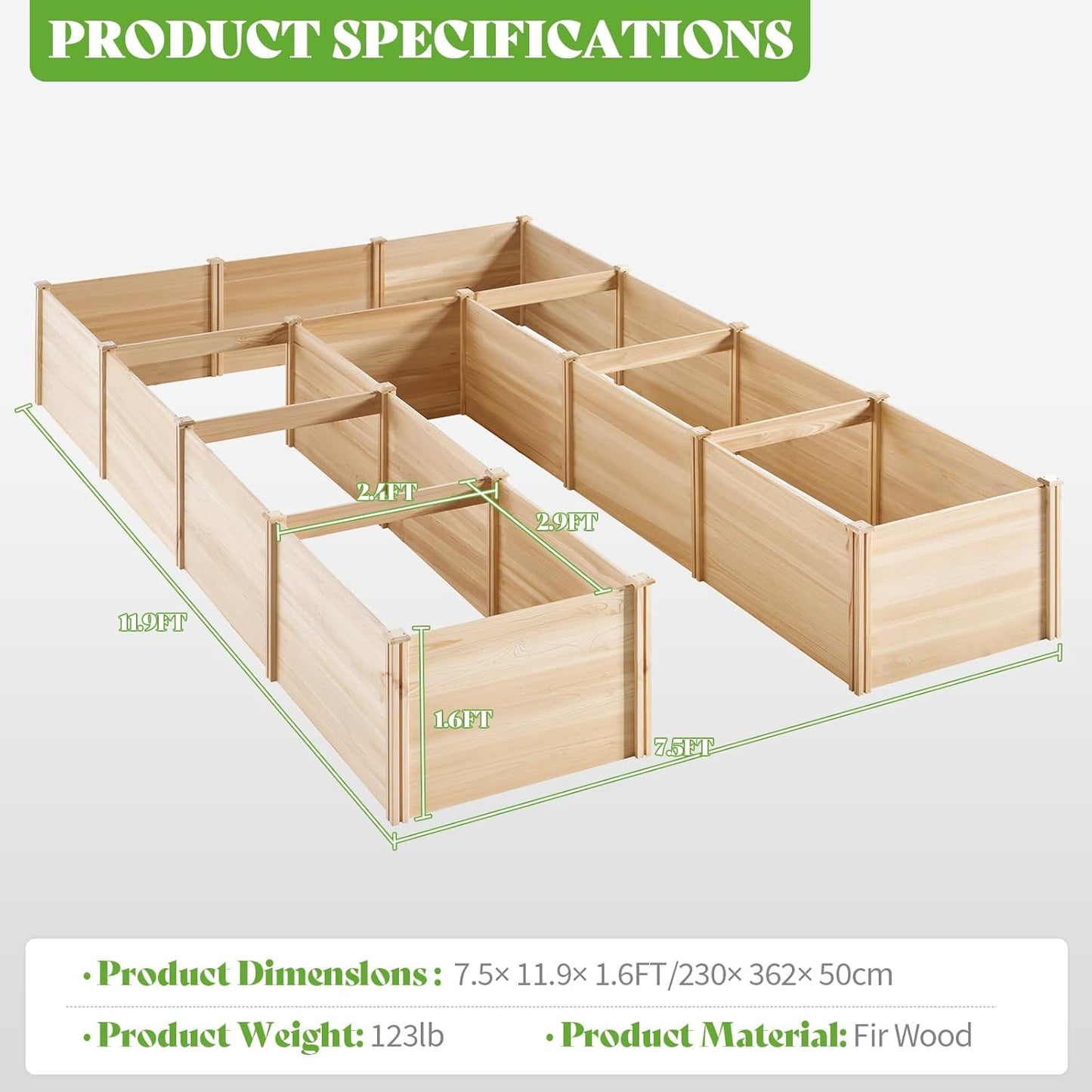 PaPaJet Wooden Raised Garden Bed for Outdoor, Nine Grid Deep Large Planter Box for Gardening, Vegetables, Flowers, Herbs（7.5× 11.9× 1.6FT）