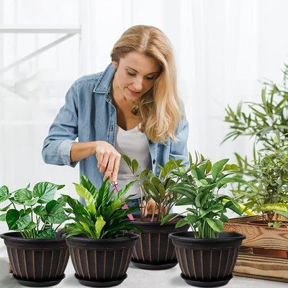 FGstyle 10 Inch Plants Pot,4 Pack Flower Pots,Planters Pot with Drainage Hole & Saucer,Modern Planters for Indoor Outdoor Plants,Decorative Resin Garden Pots for Outdoor Indoor Home Plants (Black)