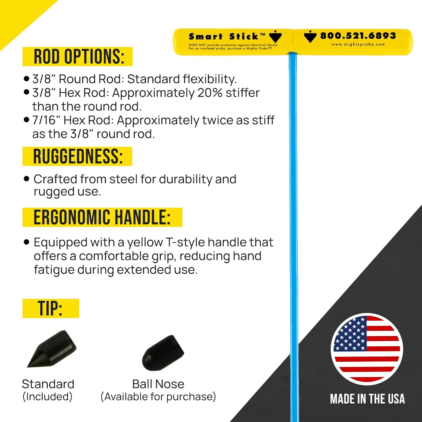 T&T Tools Smart Stick Metal Soil Probe - T-Handle Probing Rod, Steel Rods, 48-Inch Long Metal Rod w/ 3/8" Hex Rod, Locating Tools, Plumbing Tools, Landscaping and Gardening Tools