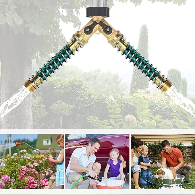 Brass Garden Hose Splitter 2 Way, All Body Metal Heavy Duty Water Splitter Y Way with 2 Hose Protectors Kink Free Hose Extension 10 Rubber Washers