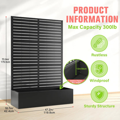 Metal Planter Box with Trellis, Raised Garder Bed with Drainage Hole, Privacy Screen & Trellis for Climbing Plants, Plant Stands, 47''L×17''W×71''H, Black