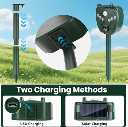 2 Pack 2025 Upgraded Solar Ultrasonic Animal Repellent Outdoor – Motion Activated Deer, Squirrel, Cat, Raccoon, Dog & Bird Deterrent with Multi-Frequency LED Strobe & Ultrasonic Sweep for Yard Lawn