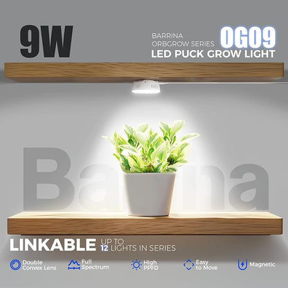 Barrina Orbgrow OG09 Puck LED Grow Light, 5000K 9W (135 Watt Equiv), Plant Lights for Indoor Plants Full Spectrum, Magnetic & Linkable, Small Grow lamp, Perfect for Plant Shelf, 1 Pack