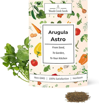 Woods Creek Seeds: Arugula Astro Seeds for Planting - Over 1,300 Heirloom, Non-GMO Arugula Seeds for Planting - Fast-Growing Astro Seed Pack for Gardening Indoors or Outdoors - Ideal for Green Salad