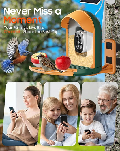 Camii Bird Feeder with Camera, Smart Birdfeeder with AI Identify Birds Species, 2K HD, Solar Powered, Night Vision, Real-Time Alert, IP66 Waterproof for Backyard Bird Watching Enthusiasts (Dark Green)
