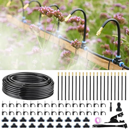360° Automatic Drip Irrigation Kit - 5/16'' Tubing, Adjustable Universal Spray Nozzle, Copper Atomizing System for Garden/Lawn/Greenhouse - Multi-Directional Rotation, Quick Connectors, 65FT