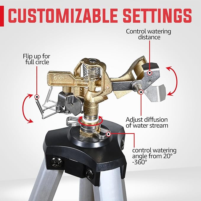 YAMATIC Impact Sprinkler on Tripod Base, 360 Degree Large Area, Heavy Duty Adjustable Pulsator Sprinkler for Lawn Yard and Grass, Spray up to 20-90ft, Brass Head, 2Pcs