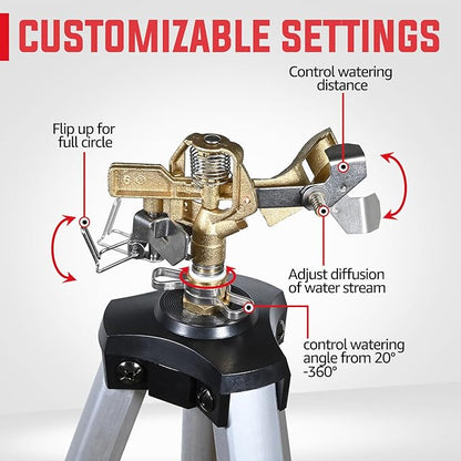 YAMATIC Impact Sprinkler on Tripod Base, 360 Degree Large Area, Heavy Duty Adjustable Pulsator Sprinkler for Lawn Yard and Grass, Spray up to 20-90ft, Brass Head, 2Pcs