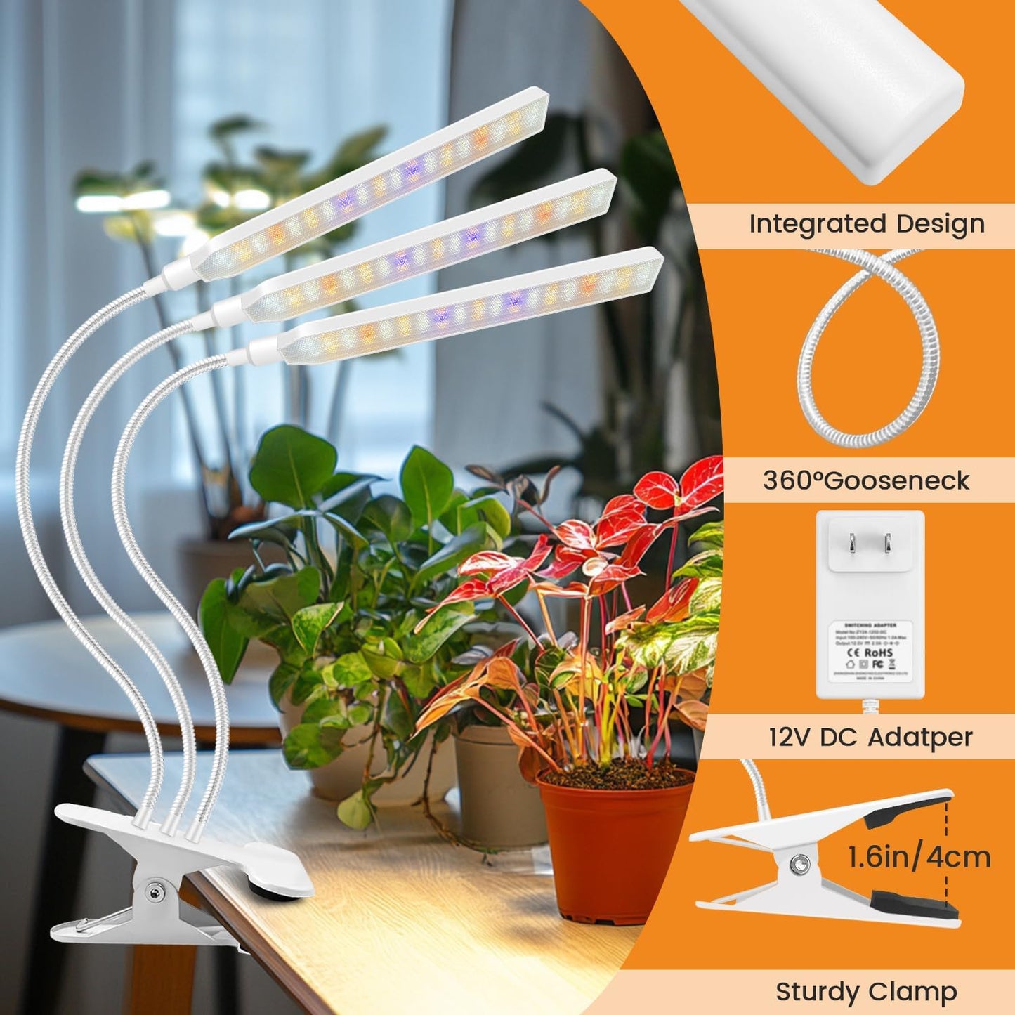 Kullinss White Grow Light, Clip On Plant Lights for Indoor Growing with 6/12/16H Timer, 3 Color Modes, DC Plug, 30W 171 LEDs Full Spectrum Plant Lamp, Grow Lights for Indoor Plants, Herbs, Seedlings