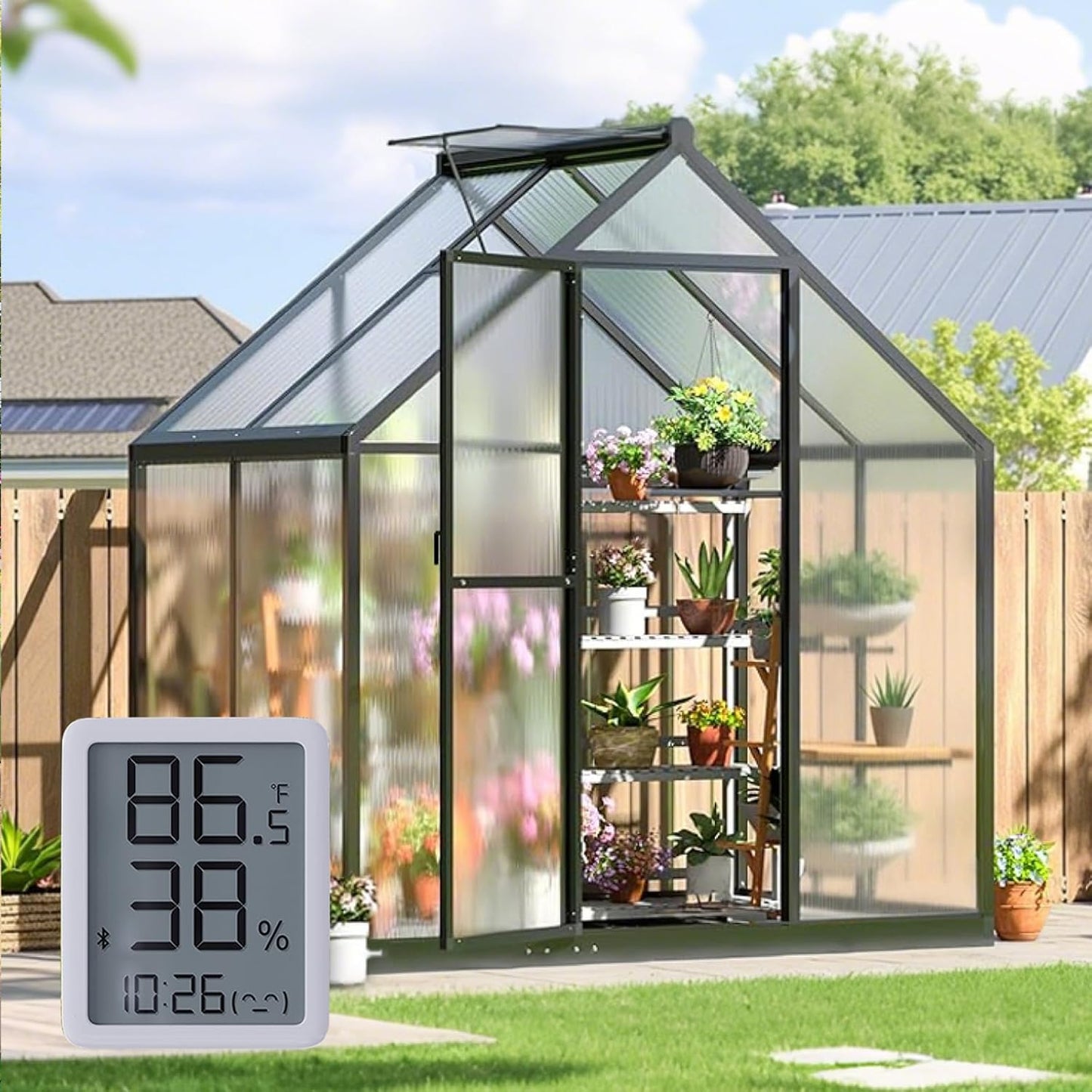 6x4FT Outdoor Greenhouse, Polycarbonate Green House, Small Walk-in Greenhouse with Vented Roof Window, Windproof Aluminum Frame with Hygrometer , Suitable for Gardening