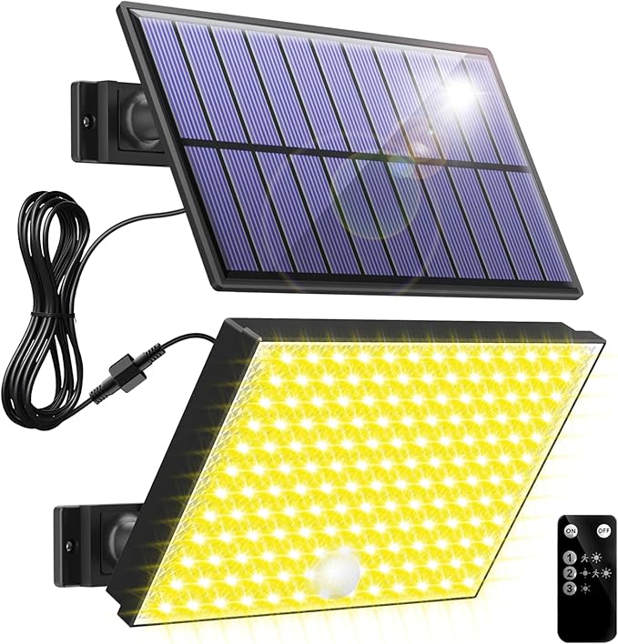 400LED Solar Lights Outdoor,IP67 Waterproof Solar Flood Lights,3 Modes & Remote Control Motion Sensor Outdoor Light for Garden, Garage, Patio, Pathway (Warm Yellow 1 Pack)