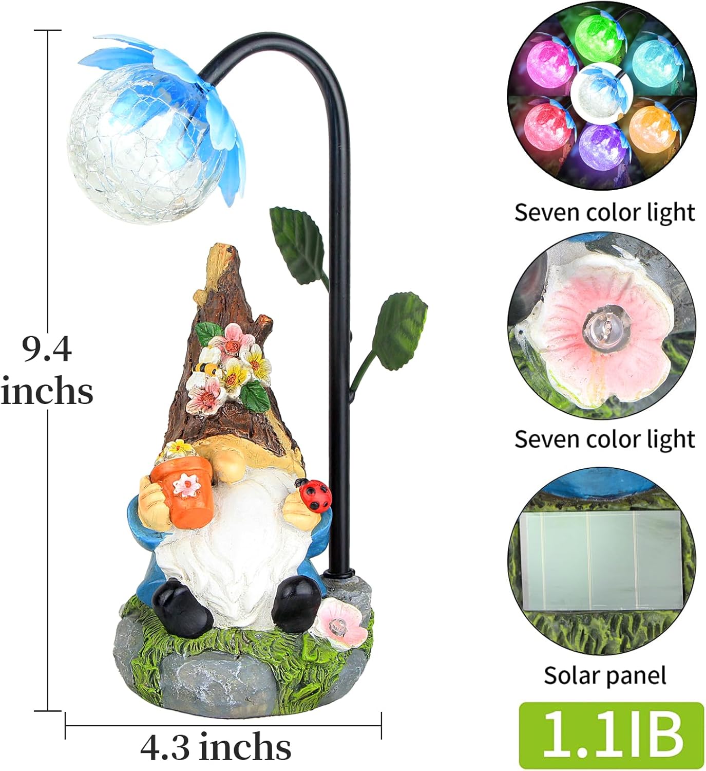 Garden Gnomes Statue Decor, 9.4'' Resin Gnome Figurine with Colorful Gradent Solar LED Lights,Outdoor Decorations for Patio Yard Lawn Porch,Ornament(Blue)