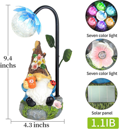 Garden Gnomes Statue Decor, 9.4'' Resin Gnome Figurine with Colorful Gradent Solar LED Lights,Outdoor Decorations for Patio Yard Lawn Porch,Ornament(Blue)