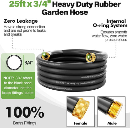 SPECILITE 3/4" Garden Hose 25 ft with High Flow Nozzle, Heavy Duty Flexible Hybrid Rubber Water Hose for Outdoor, Lightweight, Leak-Proof, No-Kink, 3/4"Brass Fittings,Black