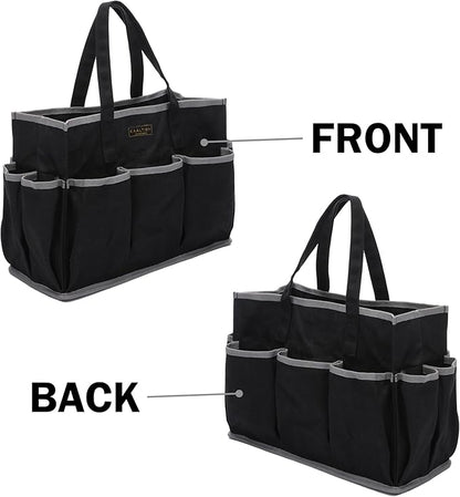 Canvas Tool Tote Bag, Heavy Duty 16oz Waxed Canvas Tool Storage Pouch with 1 Large Compartment & 10 Small Pockets | Multi-Purpose Garden Tool Bag for Horticulturists Mechanics Craftsmen – Black