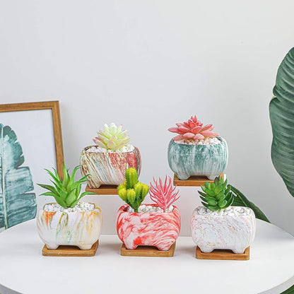 ARTKETTY Succulent Planters, 4.7" Small Succulent Pots with Drainage Rectangular Cactus Planter with Bamboo Trays Ceramic Pots for Indoor Flower Plants Set of 5