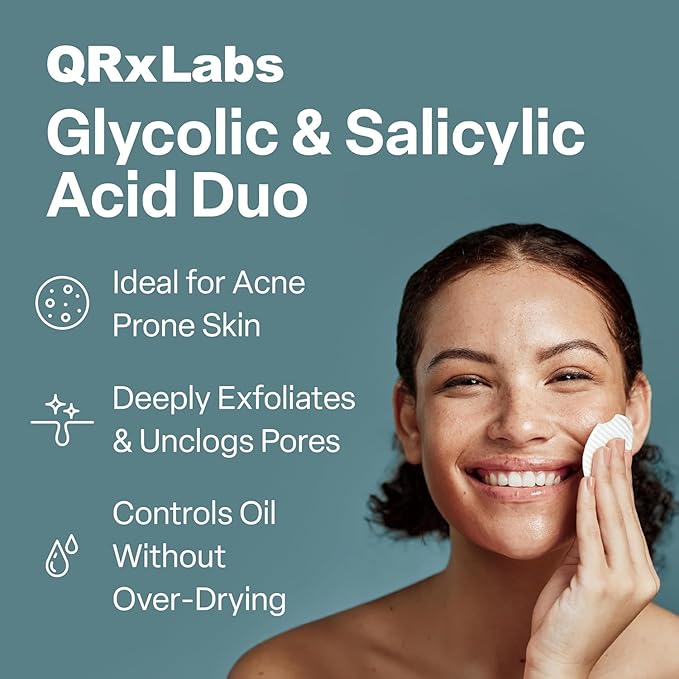 QRxLabs Glycolic/Salicylic Acid 10/2 Acne Control Pads with 10% Ultra Pure Glycolic + 2% Salicylic Acid, Allantoin, Vitamins B5, C & E, Calendula Green Tea - Most Effective Treatment Clear Skin - 2PK