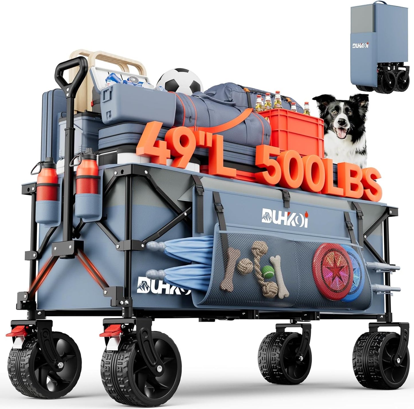 49" L Collapsible Foldable Extended Wagon with 500lbs Weight Capacity,300L Heavy Duty Beach Cart,Large Utility Wagon with Cup Holders,Cart for Sports,Outdoors,Grocery,Shopping (LightBlue)