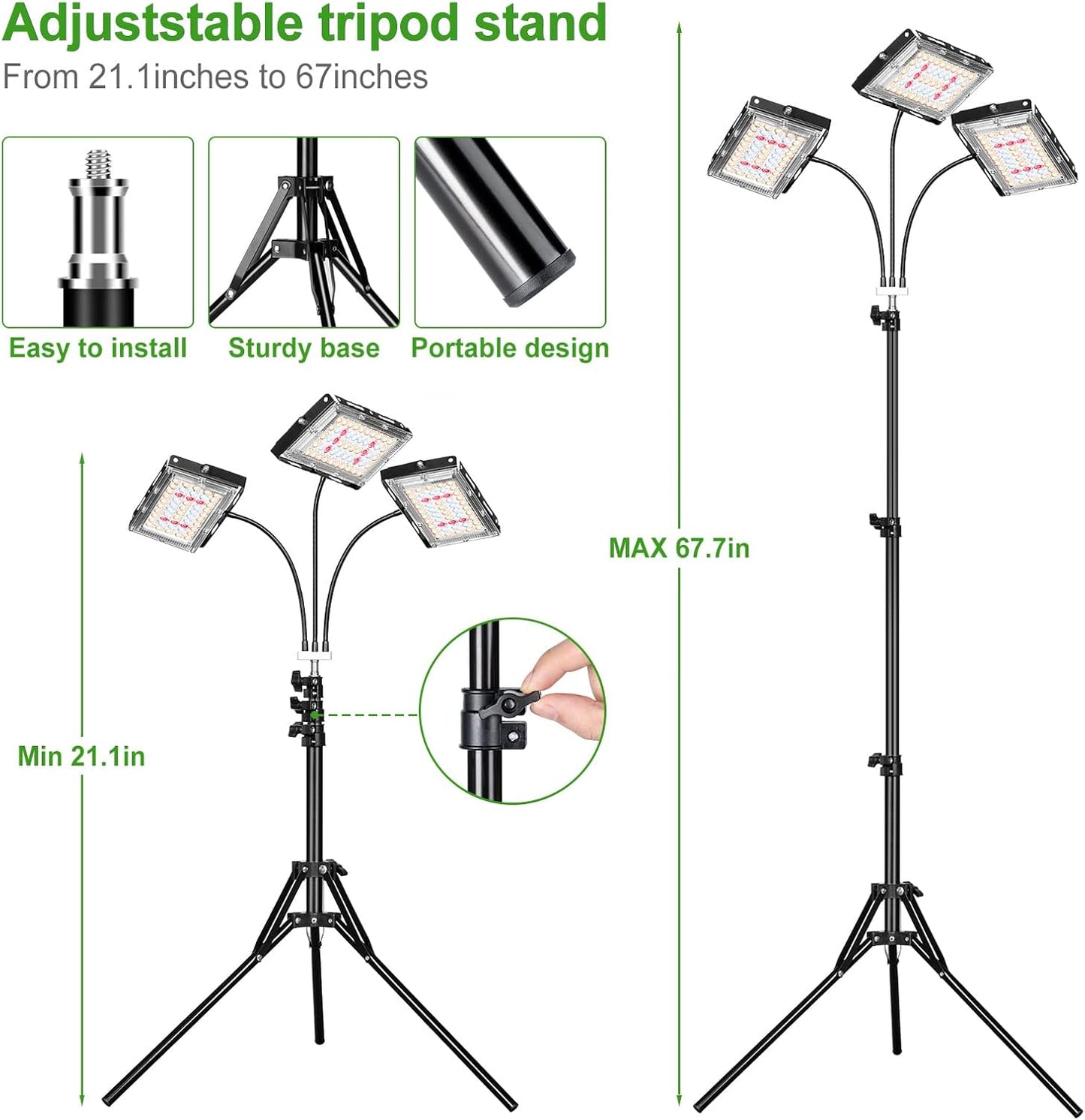LBW Grow Light with Stand, Tri-Head LED Plant Light for Indoor Plants, Full Spectrum 150 LEDs, 3/6/12H Timer, 6 Dimmable Levels, 3 Switch Modes, Adjustable Tripod Stand 15-63 inches