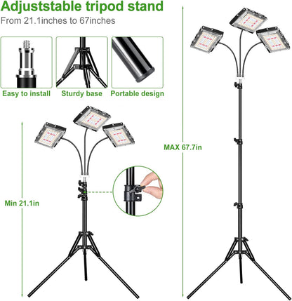 LBW Grow Light with Stand, Tri-Head LED Plant Light for Indoor Plants, Full Spectrum 150 LEDs, 3/6/12H Timer, 6 Dimmable Levels, 3 Switch Modes, Adjustable Tripod Stand 15-63 inches