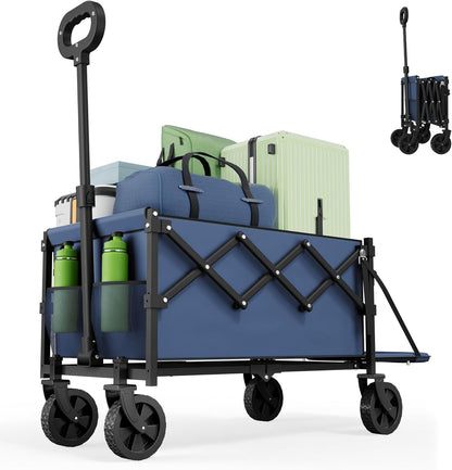Collapsible Wagon with Tailgate, Wagons Carts Foldable with 350lbs Capacity, Lightweight Portable Utility Wagon Cart for Shopping Camping Sports Garden (Navy)
