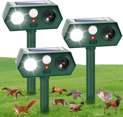 Solar Ultrasonic Animal Repellent Outdoor, Deer Repellent Devices, Waterproof Cat Rabbit Repeller with Motion Detection Flash Light to Deterrent Squirrel Dog Skunk Raccoon for Garden Yard Farm(3Pack)
