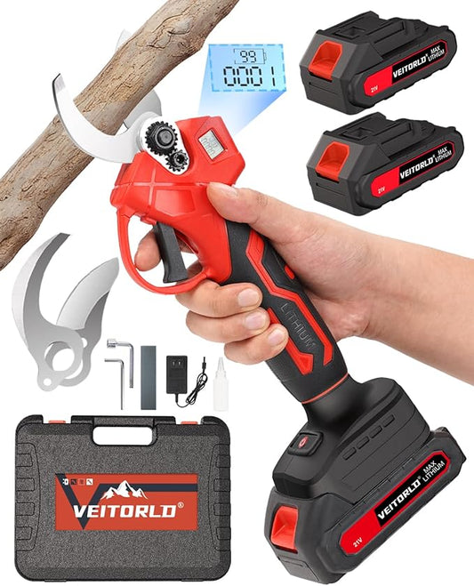 VEITORLD 20V Electric Pruning Shears, Garden Shears, 30mm 1.2'' Cutting Diameter Portable Cordless Branch Cutter Tree Trimmer with LCD Display＆Replaceable Blades (Included 2Pcs 2.0Ah Batteries)