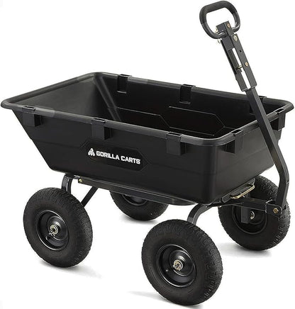 Gorilla Carts Heavy-Duty Poly Yard Dump Cart, 6 Cu Ft Tub, 1200 lb Haul Capacity, Black – Towable Utility Wagon with Quick-Release Dumping & Pneumatic Tires for Landscaping and Gardening