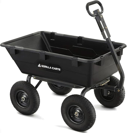 Gorilla Carts Heavy-Duty Poly Yard Dump Cart, 6 Cu Ft Tub, 1200 lb Haul Capacity, Black – Towable Utility Wagon with Quick-Release Dumping & Pneumatic Tires for Landscaping and Gardening